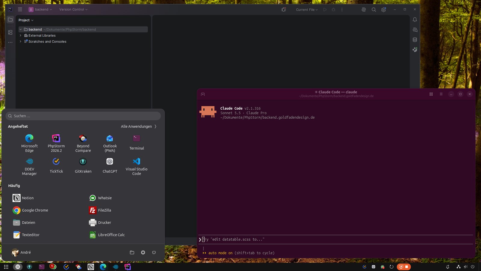 Ubuntu-Desktop mit geöffnetem Startmenü, PhpStorm und einem Terminal mit Claude Code. Angeheftet sind unter anderem PhpStorm, Beyond Compare, DDEV Manager, TickTick, GitKraken, ChatGPT und Visual Studio Code.